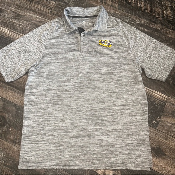 Colosseum Gray LSU Men's Polo Shirt Eye Of The Tiger Short Sleeve Dry Fit Medium - Picture 2 of 5